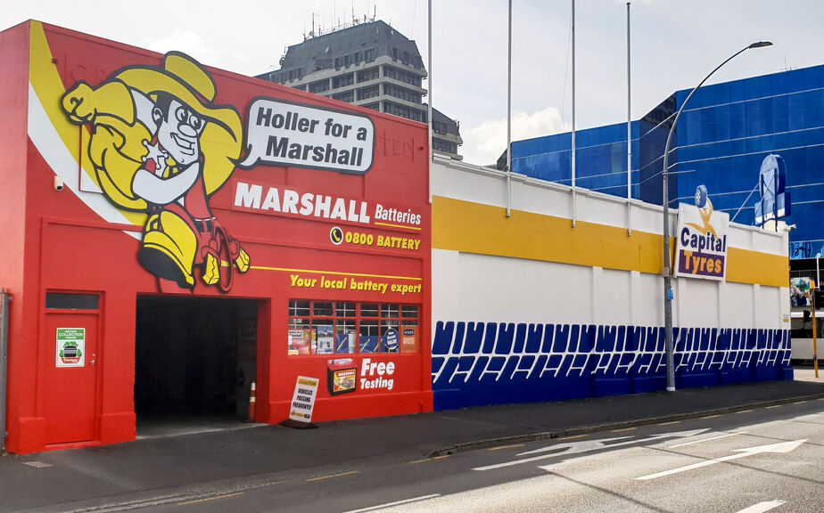 Capital Tyres building showing Marshall Batteries side
